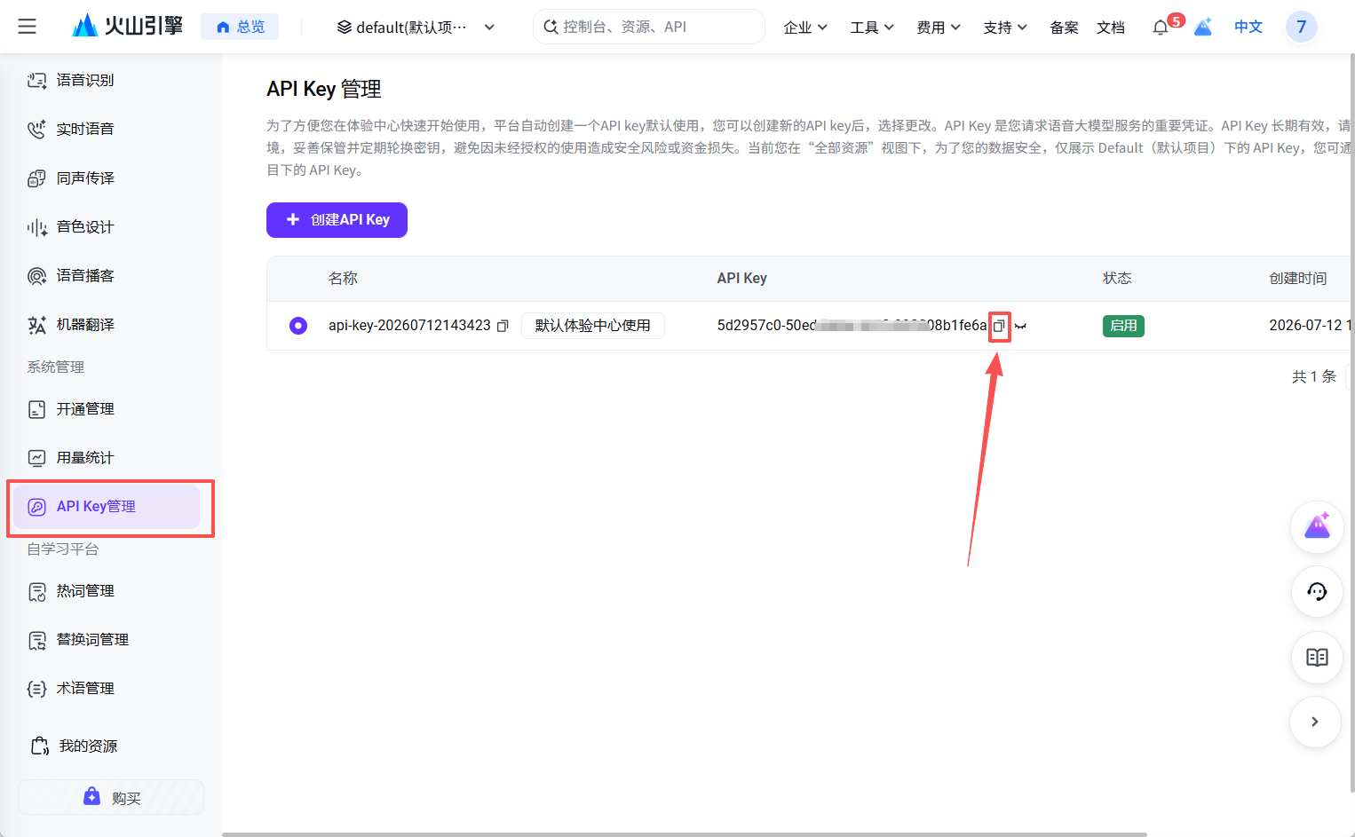 复制火山引擎 API Key